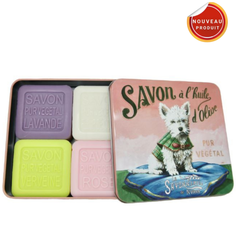 SAVON BOITE METAL 4 SAVONS CHIEN WESTIE