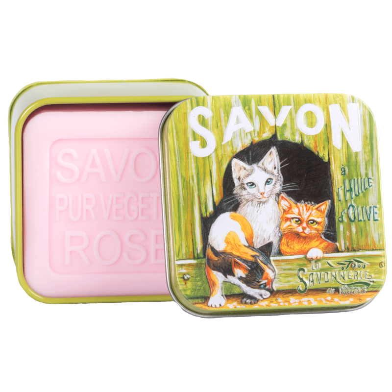 SAVON BOITE METAL ROSE CHAT BLANC & ROUX  100G